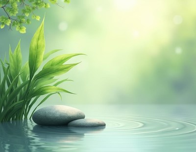 Stones float on a calm pond with ripples in the water