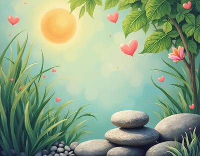 A sunny day with floating hearts and a rock stack