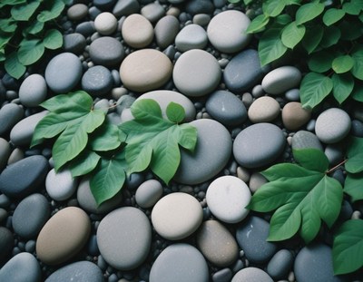 Green leaves rest on smooth river rocks