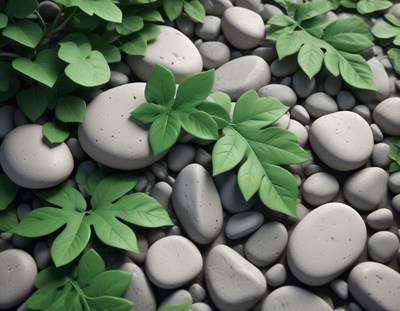 Green leaves rest on smooth stones
