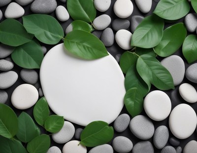 White circle with grey stones and green leaves
