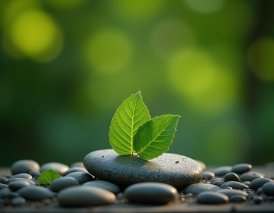 Two green leaves rest on a smooth gray rock