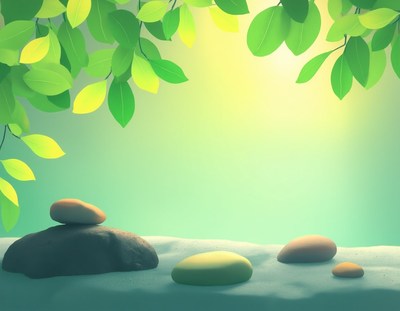 Green leaves frame stones on a green background