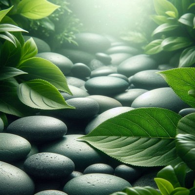 Green leaves and smooth stones create a serene scene