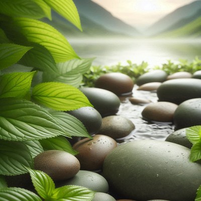 Stones line a stream in a tranquil valley