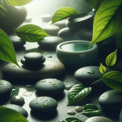 Wet stones and leaves create a zen scene