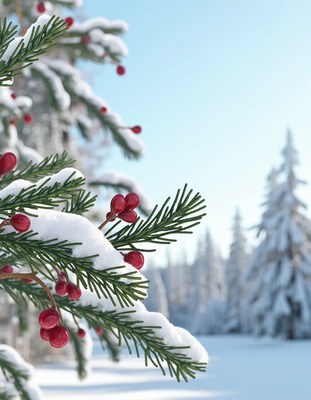 A snowy evergreen branch with red berries in the winter