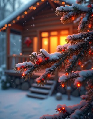 Snowy pine with red lights glows by a cozy cabin