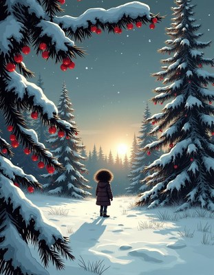 Child watches sunset in a snowy forest
