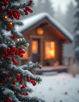 A snowy cabin with red berries and a warm glow