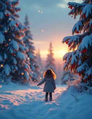 A girl stands in a snowy forest at sunset