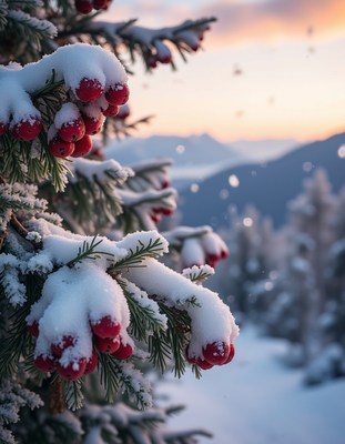 Red berries on a snowy branch in the mountains