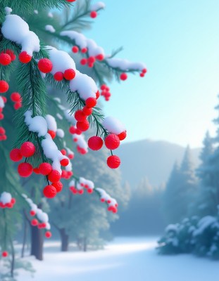 Red berries on a snow-covered branch in a winter forest