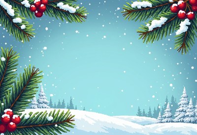 Snowy pine branches frame a winter forest scene