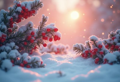 Red berries on a snowy branch in a winter forest