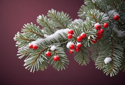 A snowy evergreen branch with red berries