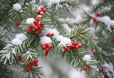 Red berries on a snowy pine branch