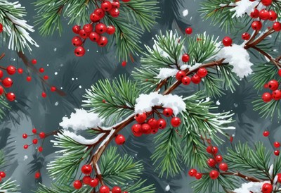 Pine branches with red berries are covered in snow