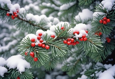 A snowy evergreen branch with red berries