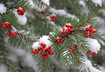 Red berries on a snowy evergreen branch