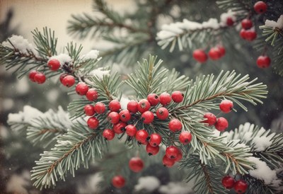Red berries adorn a snowy evergreen branch