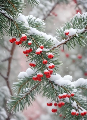 Red berries on a snow-covered pine branch