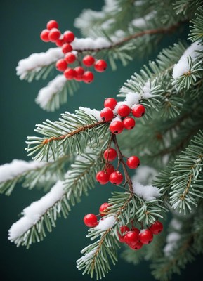 Red berries adorn a snowy pine branch
