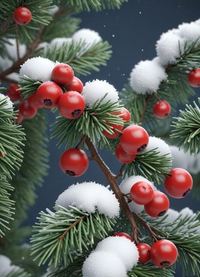 Red berries on a snowy pine branch