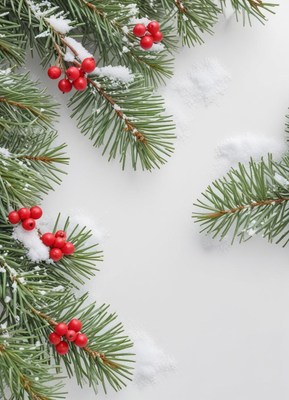 Pine branches with red berries on a snowy background