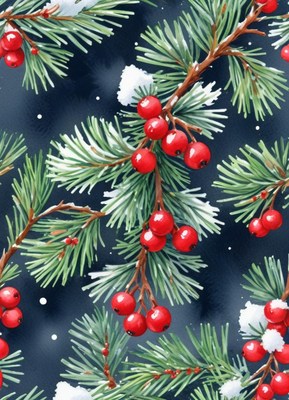 Red berries adorn snowy pine branches