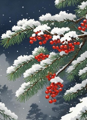 A snowy pine branch with red berries
