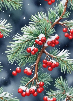 A snowy pine branch with red berries