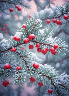 Red berries on a snowy pine branch