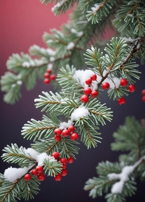 Snow-covered pine branches with bright red berries