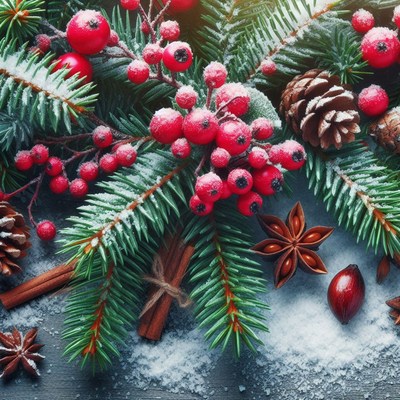 Snowy branch with red berries and cinnamon sticks