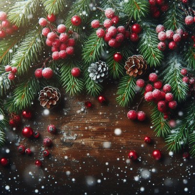 Pine branches with red berries and snow on a wooden surface