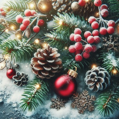 A snowy pine branch with red berries and ornaments