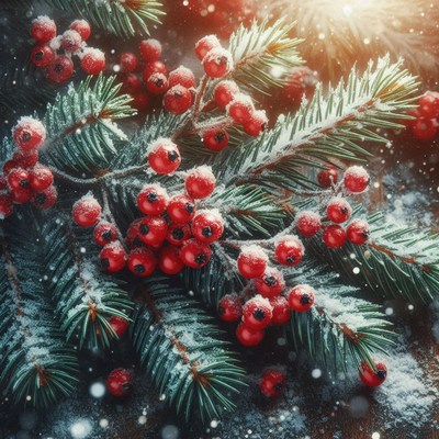 Red berries adorn a snowy evergreen branch