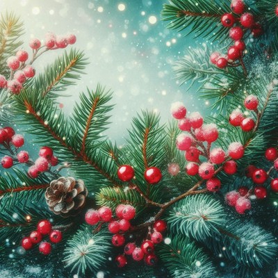 Red berries adorn a snowy pine branch