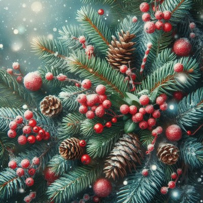 Pine branches with red berries and snow