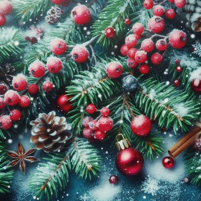 Evergreen branches are covered in snow and red berries