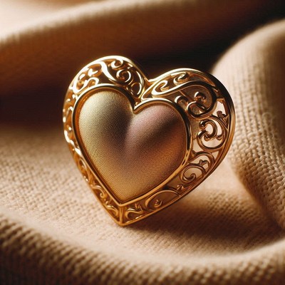 A gold heart charm sits on a fabric surface