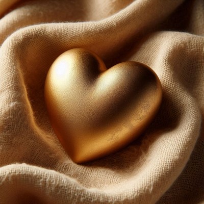 A golden heart rests on a soft, beige fabric
