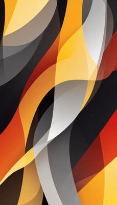Curved yellow, orange, gray, and black shapes overlap