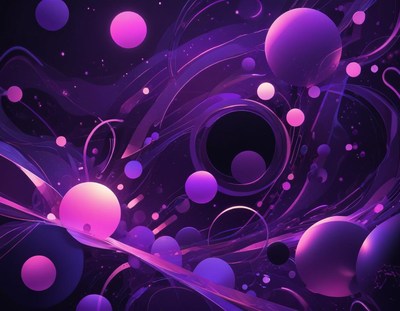 Purple and pink spheres float in a dark, swirling space