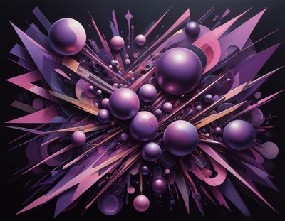 Purple shapes burst from a black background