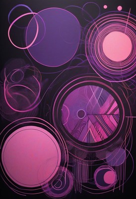 Pink and purple circles on black: abstract art