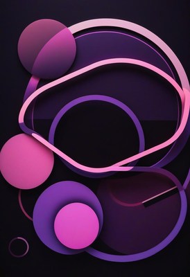 Purple and pink shapes overlap on a dark background
