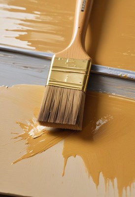 A paintbrush dipped in yellow paint lies on a white surface