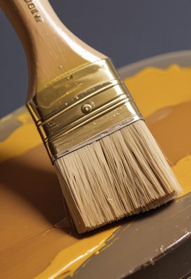 A paintbrush dips into a tray of yellow paint
